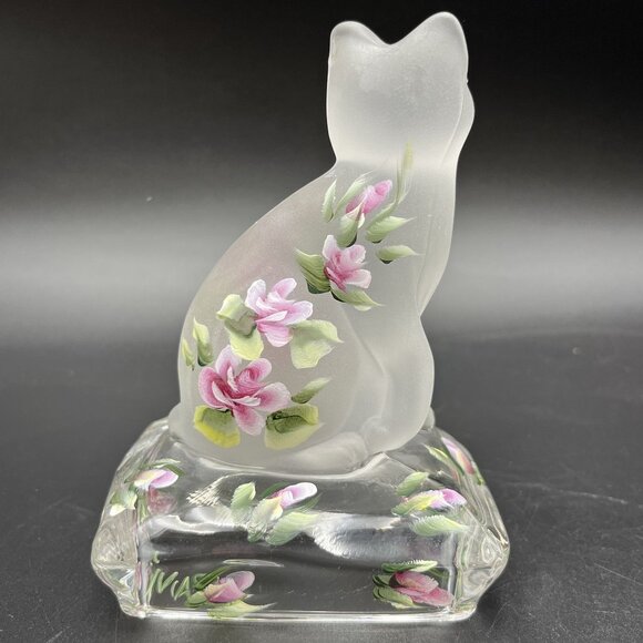 Handpainted Clear Satin Glass Cat Figurine Sitting On Pillow Paperweight Floral - Picture 4 of 11